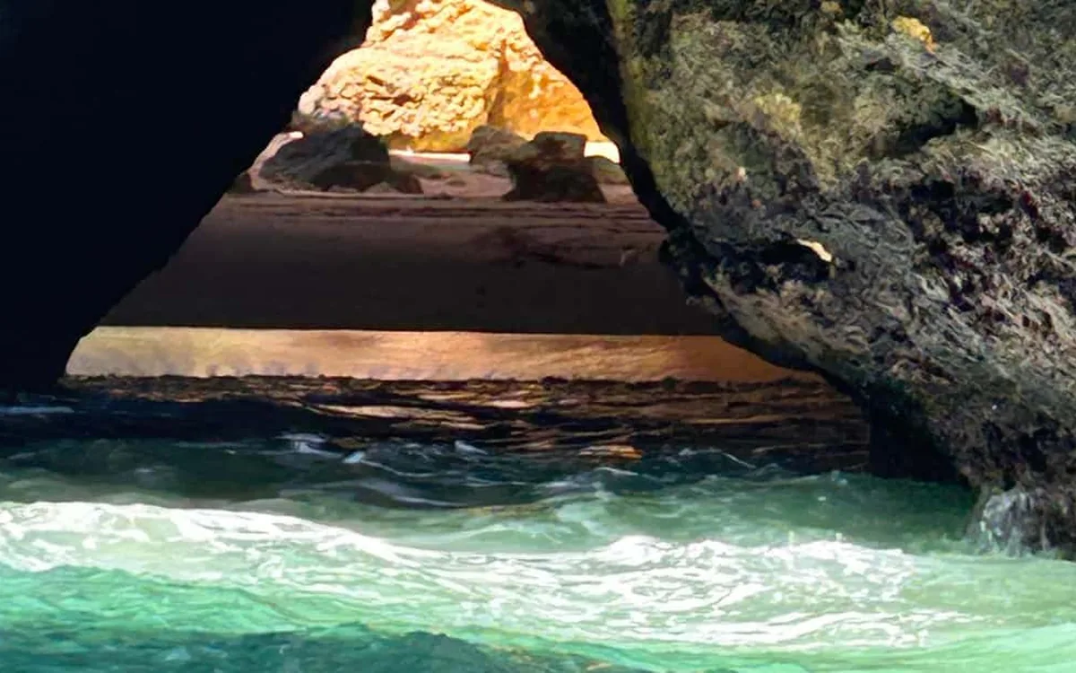 The sea arch at Benagil photographed from a boat on the open water