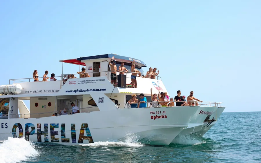 The two-deck catamaran OPHELIA under way off the Algarve coast
